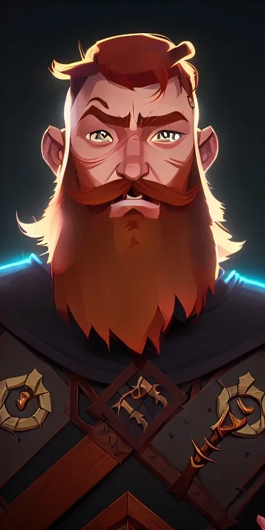 Dungeons and dragons character, warrior dwarf male, friendly face, high detail, High definition, ginger braided beard, ginger long hair in a bun, heavy armor, short height, black backdrop, mustache, battle ax, cape