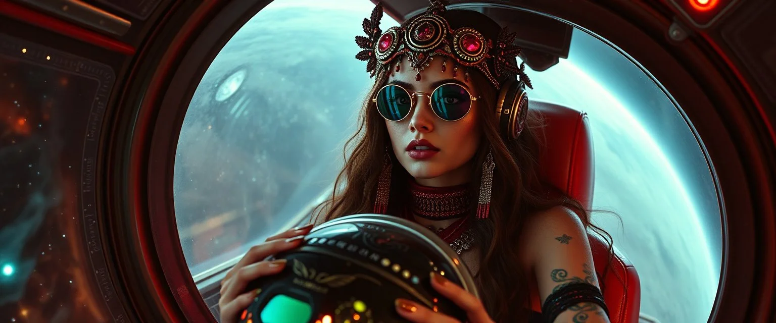 portrait of space gypsy bloodsucker space traveller in avid space craft, unearthly beauty nature dreamlike, jungle sexy one, holding her helmet in lap, goa trance halloween glam rock soul opera, explorer new frontier, meeting with two new races beyond our star system
