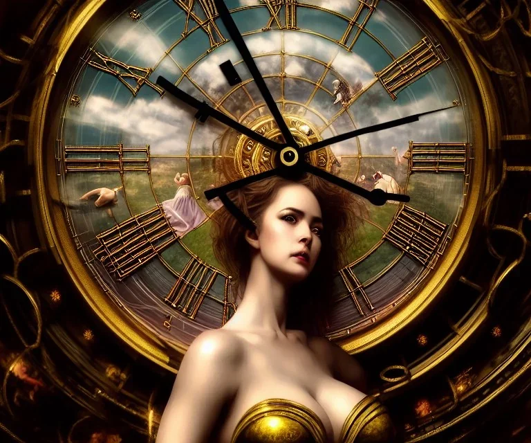 Trapped in time ” beautiful Woman trapped in a grand clock, Scenic background and foreground, Hyperdetailed, Royo, Ferri, Minguez, glowing edges, Mucha, Cina. Cinematic, WLOP, 8K, concept, sharp focus, rutkowski, detailed, Artgerm, Unity 3D, Gerald Brom, Pino Daeni, volumetric lighting