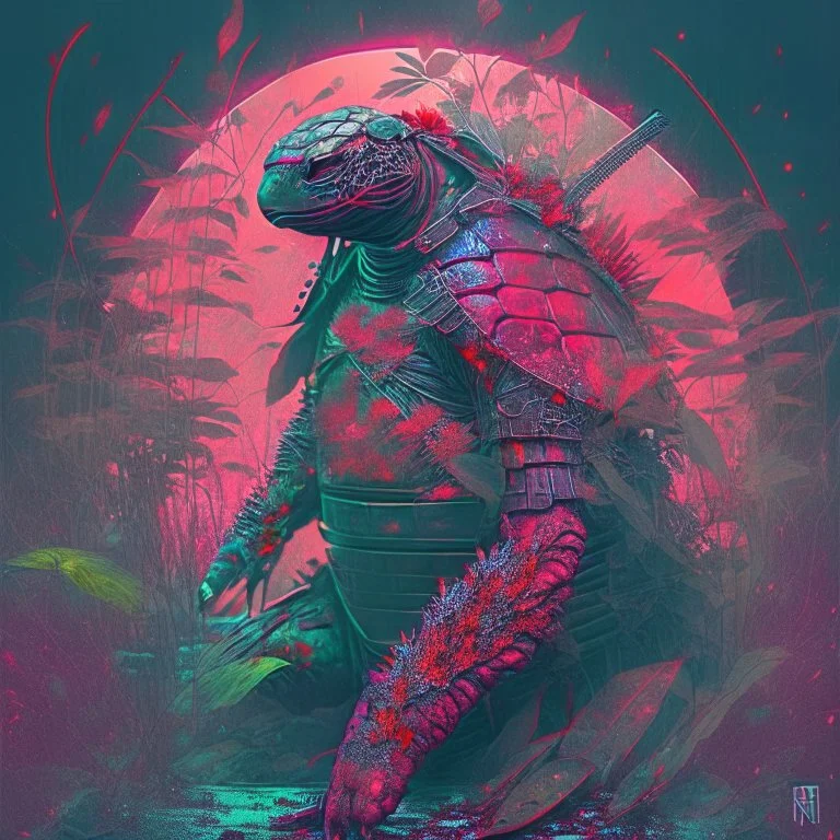 turtle samurai, iridescent, blood, futuristic, guts, wildflower, cosmic, intricate, darkred tones,sidhe, ominous, nature, plants,