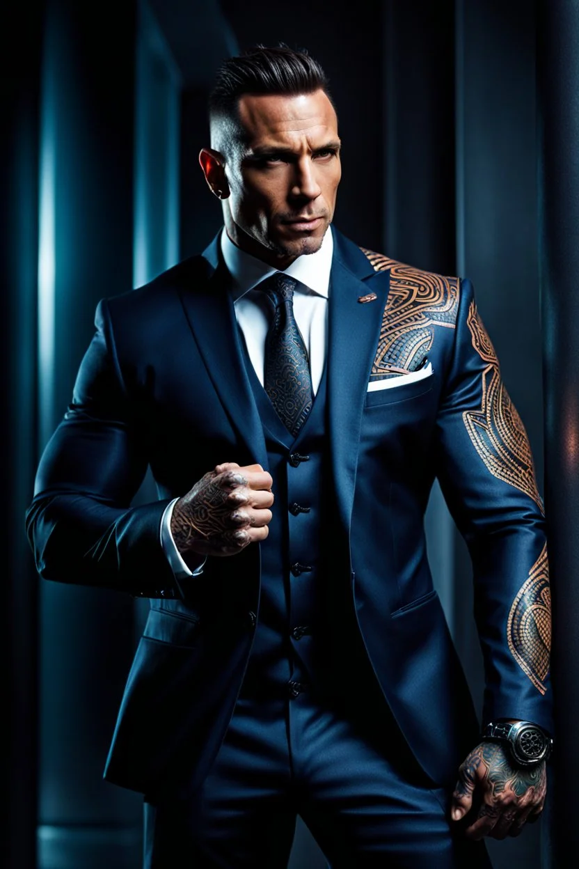 Jason David Frank Very muscular man with short hair and tribal tattoos wearing a smart suit in a modern setting, realistic face, close-up, dark fantasy, intricate details, hyper detailed