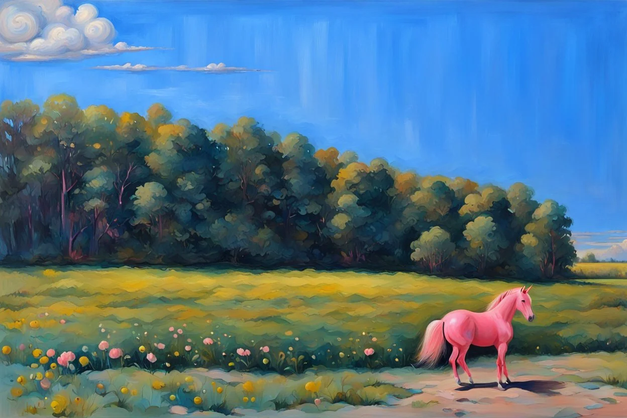 Big pink plastic toy horse.19th painting