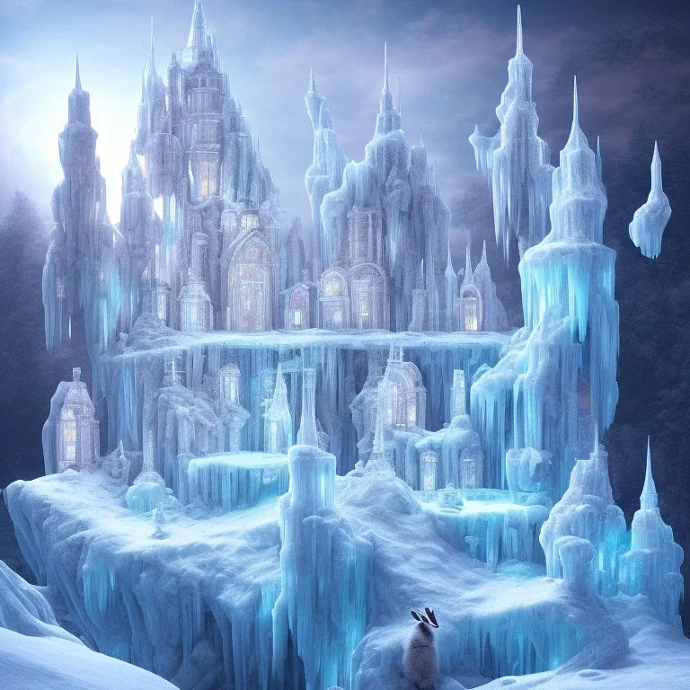 transparent crystal ice castle, rabbits, ice mountain, crystal, ice crystal