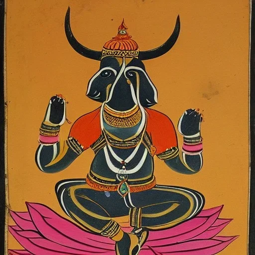 cow with hands and wings holding a lotus and sword in Indian painting style