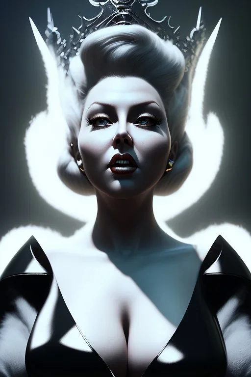 Lana Turner as evil queen in black leather, leather, busty, cleavage, angry, stern look. character design by cory loftis, fenghua zhong, ryohei hase, ismail inceoglu and ruan jia. unreal engine 5, artistic lighting, highly detailed, photorealistic, fantasy