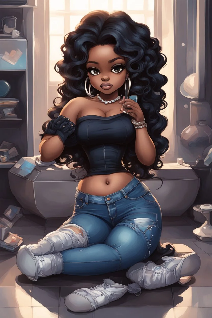 Create a futurism magna art of a black chibi curvy female sitting on the floor looking at herself in a hand mirror. She is wearing tight blue jeans and a black off the shoulder blouse. Prominent make up with lush lashes. Highly detailed long wavy hair. She is also wearing silver large hoop earringsart of a black chibi curvy female sitting on the floor looking at her cell phone. She is wearing tight blue jeans and a black off the shoulder blouse. Prominent make up with lush lashes.
