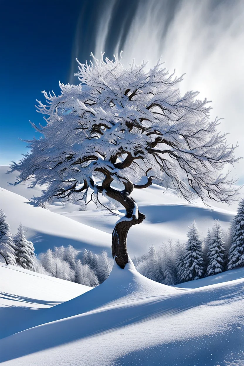 a snow covered tree sitting on top of a snow covered slope, detailed swirling water tornado, national geographic footage, inspired by Sim Sa-jeong, by Huang Tingjian, still from a 2015 pixar movie, infrared camera, by Keith Parkinson, trees