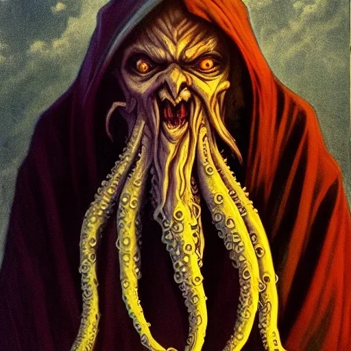 Cthulhu with white skin and a beard made of fleshy tentacles as a Russian Orthodox nosferatu with yellow eyes and vampire fangs and spines in the side of the nose