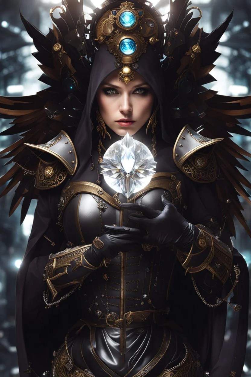 Fullbody of Steampunk armor, burka,beautiful angel wings, angry,malicious, goddess, warrior girl, crystal, broken glass, jewelry, ornements, half opened mouth, starcraft, magical orbe, cat eyes,white face,scifi, technology, photography