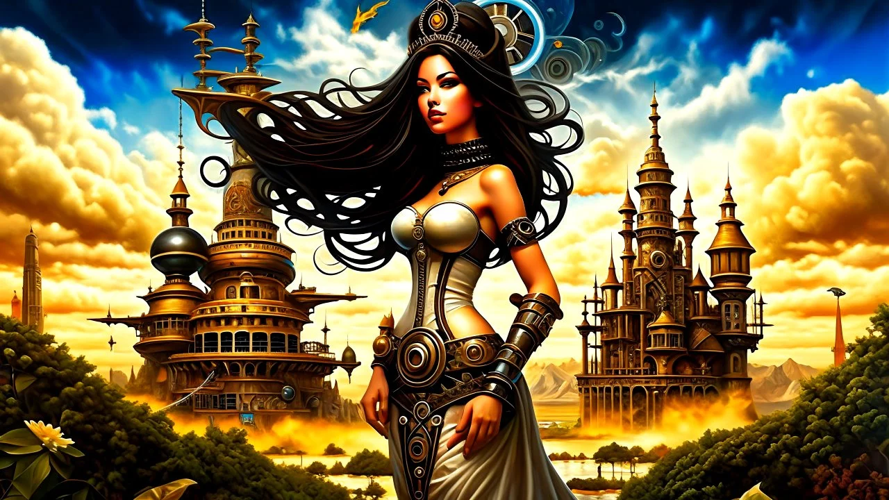 exotic sci-fi steampunk pin-up girl, with long dark hair, on an alien planet with cloud trees, tall spires, buildings, arches and bridges