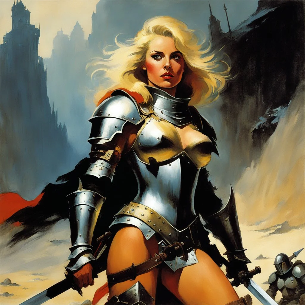 [A blonde knight female in armour by Frank Frazetta] All is lost. The frontier outpost seemed like a reasonable place to defend while gathering additional support to resist the illegitimate sovereign. But he granted her no such time. Overrun, she is guarded by bloodthirsty mercenaries, separated from what remains of her warriors. Their screams of pain and suffering echo as they are dispatched all around her. Even in death, they call her name, begging forgiveness for their failure to win the day.