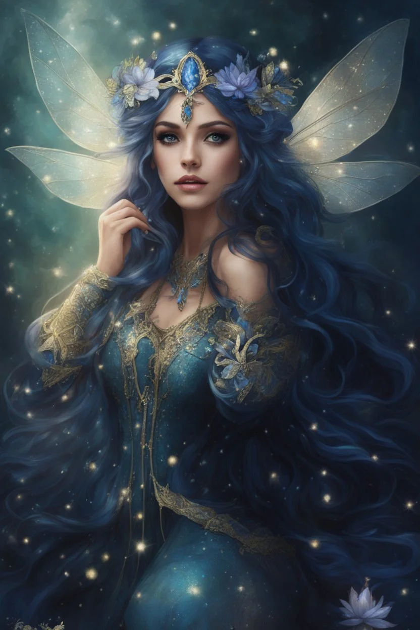 Midnight blue,Dark blue hair,night,dark fairy princess ,elven crown,elven ears,sparkle,glitter,gold armor,dragonflies,rapunzel hair,water lilies