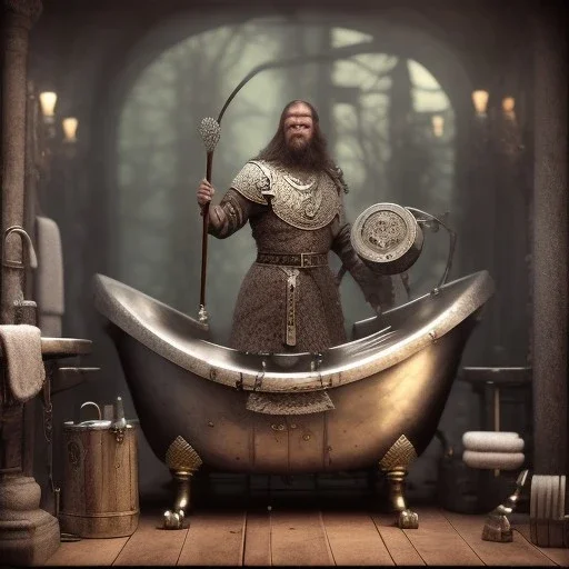 A viking and his wive having a bath, scary, steam punk, realistic, made in octane, cinematic, ultra-realistic, extremely detailed octane rendering, 8K, VRAY Super Real ar 2:3, dof photorealistic futuristic 50mm lens hard lighting dark gray tintype photograph, realistic lighting, sepia color