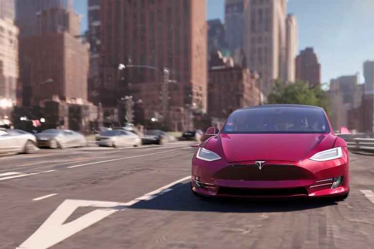 A Tesla 'Model S' is racing at top speed, near the Flatiron Building in Manhattan. (CINEMATIC, WIDE ANGLE LENS, PHOTO REAL)