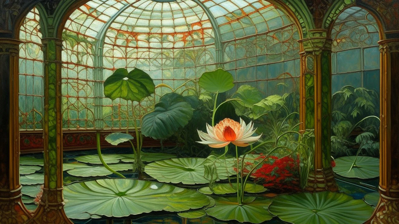 Pintura de flores → temple al huevo sobre tabla → interior de un invernadero victoriano → estética prerrafaelita → lenguaje visual de líneas precisas y colores vibrantes, con influencia de los manuscritos iluminados → pincelada fina y entrecruzada, con capas translúcidas → composición centrada en un gran lirio de agua en un estanque artificial, rodeado de hojas en forma de corazón y pequeños capullos → iluminación cenital tamizada por los cristales del techo, que crea destellos y reflejos acuáti