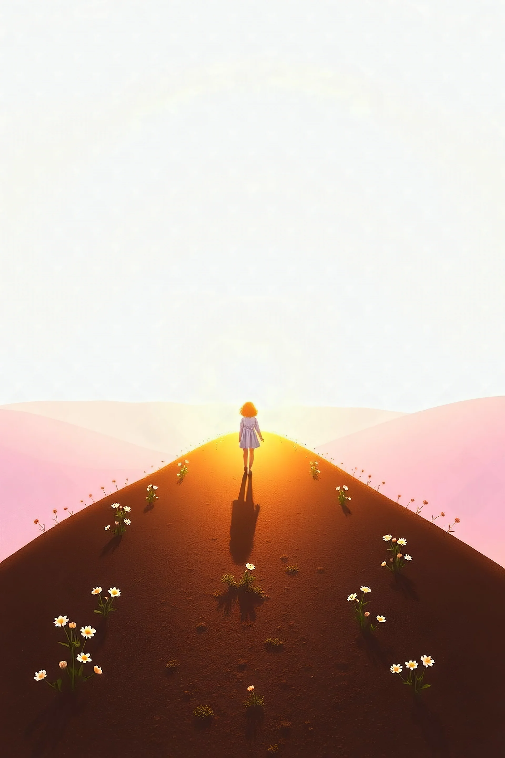 تدرجات من الأزرق الفاتح إلى الأبيض مع لمسة ذهبية خفيفة في الأعلى، لتعكس فكرة النقاء والرجاء في المستقبل. يمكن أن تمتزج التدرجات بألوان وردية دافئة لتعطي إحساسًا بالسكينة. العنصر المركزي: طريق مزروع يبدأ من أسفل الغلاف (رمزًا لرحلة الحياة)، تضيئه أشعة شمس ذهبية مشرقة من الأفق البعيد. الطريق يمكن أن يكون محفوفًا بزهور صغيرة متفتحة على الجانبين، كرمز للخير الذي يظهر رغم العثرات. رمزية إضافية: يمكن وضع شخص (فتاة أو شاب) يسير على الطريق بخطوات واثقة،