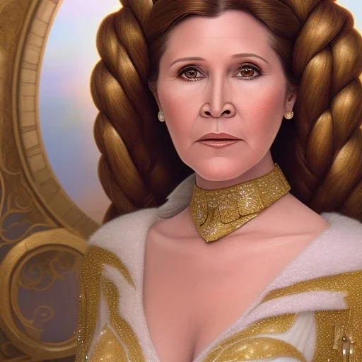 hyperspace background, complete and photo realistic detailed head to waist stunning photo realistic portrait of carrie fisher as Princess Leia in star wars with photo realistic updo hair by Mandy Jurgens and mucha and Richard Schmid and chuck close and chie yoshii, extraordinary and detailed ceremony dress of star wars,brown eyes