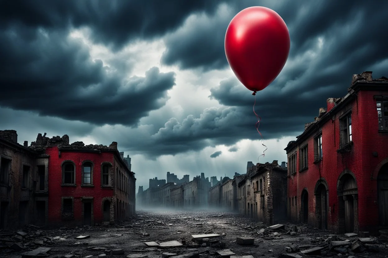 one red party balloon on sky, high realistic, storm, gloomy, surreal, little dark old city, ruins, professional photo, cinematic, utopistic