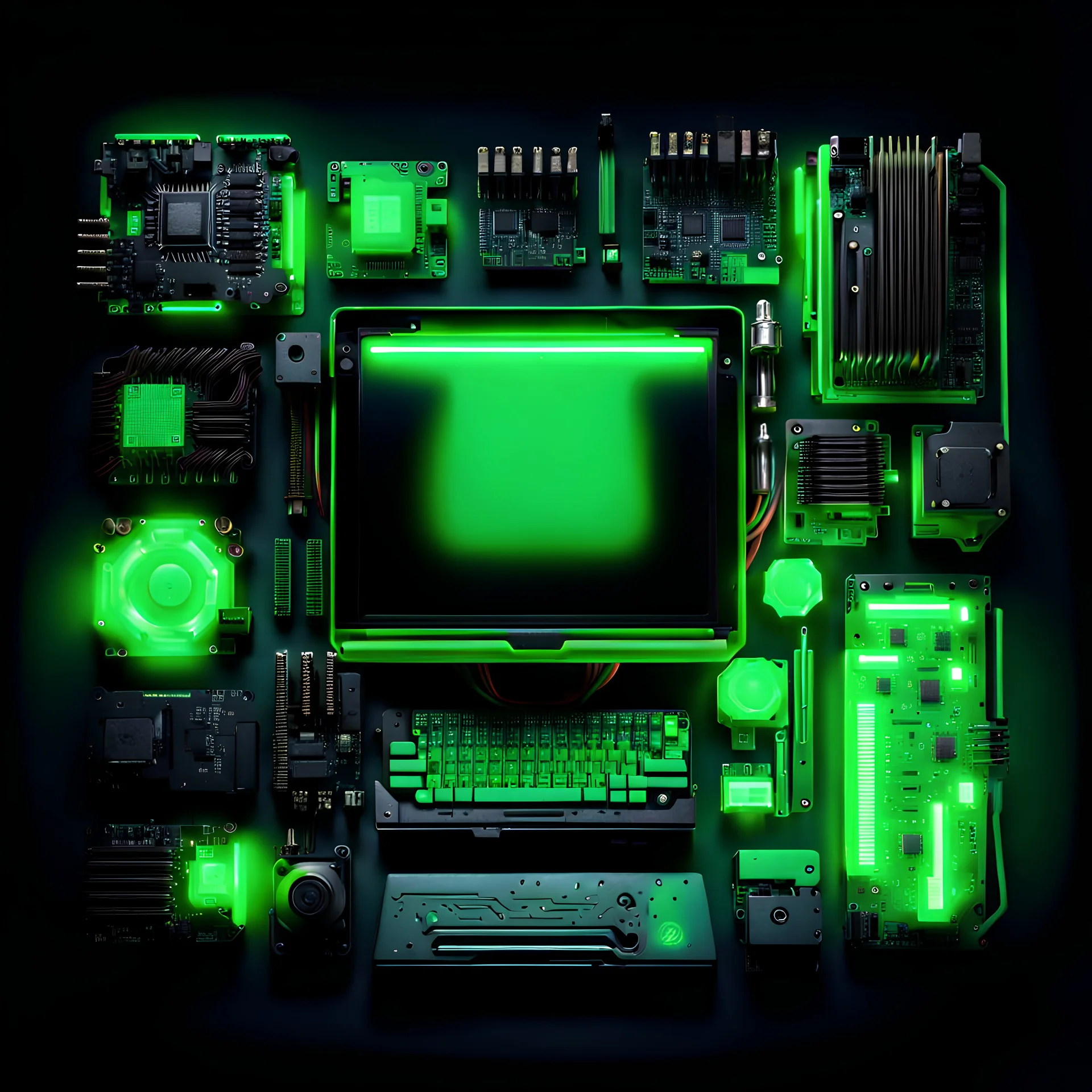 computer components, cyberpunk style, green lighting black background