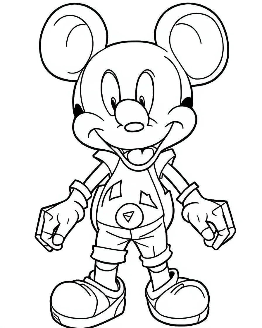 outline art for Mickey Mouse coloring page, Japanese manga style, cartoon style, cute face, white background sketch style, full body is a must, only use outline, clean line art, no shadow, bold outline