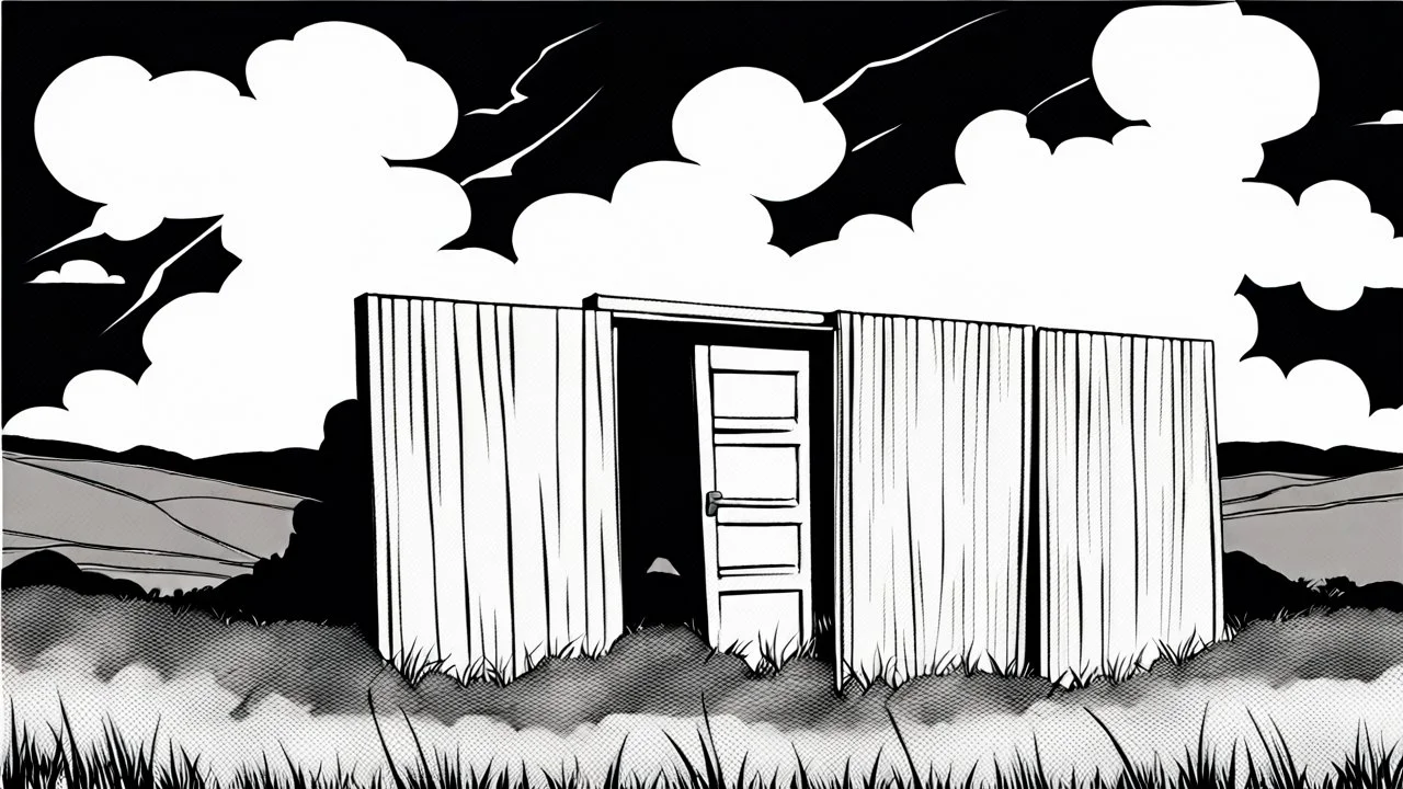broken wooden door, anime, monochrome, black background, ink, simple, maximum quality, broken hinge, barely functioning, centered on frame, far view, in the middle of a grassy hill, white sky with cumulonimbus