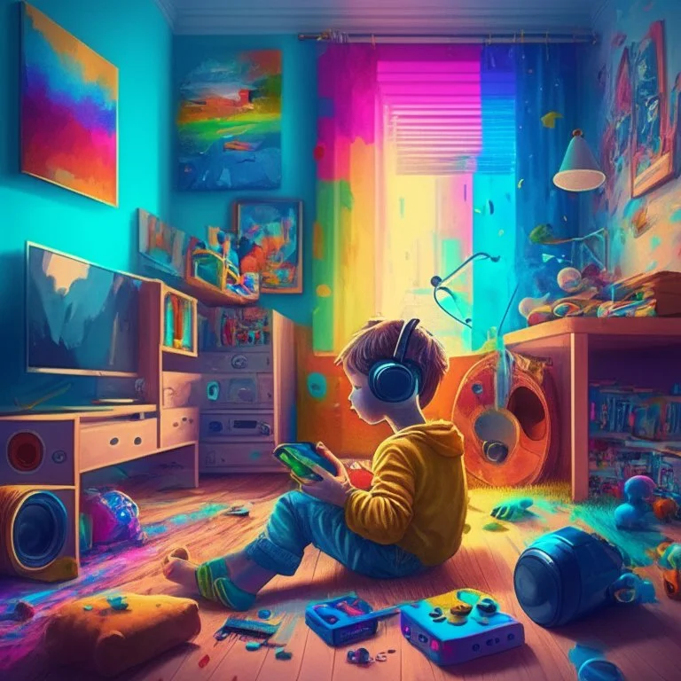 A boy is sitting on the sofa in his room listening to music with headphones, and his toys have come to life and are playing around him. A room full of joy and color.