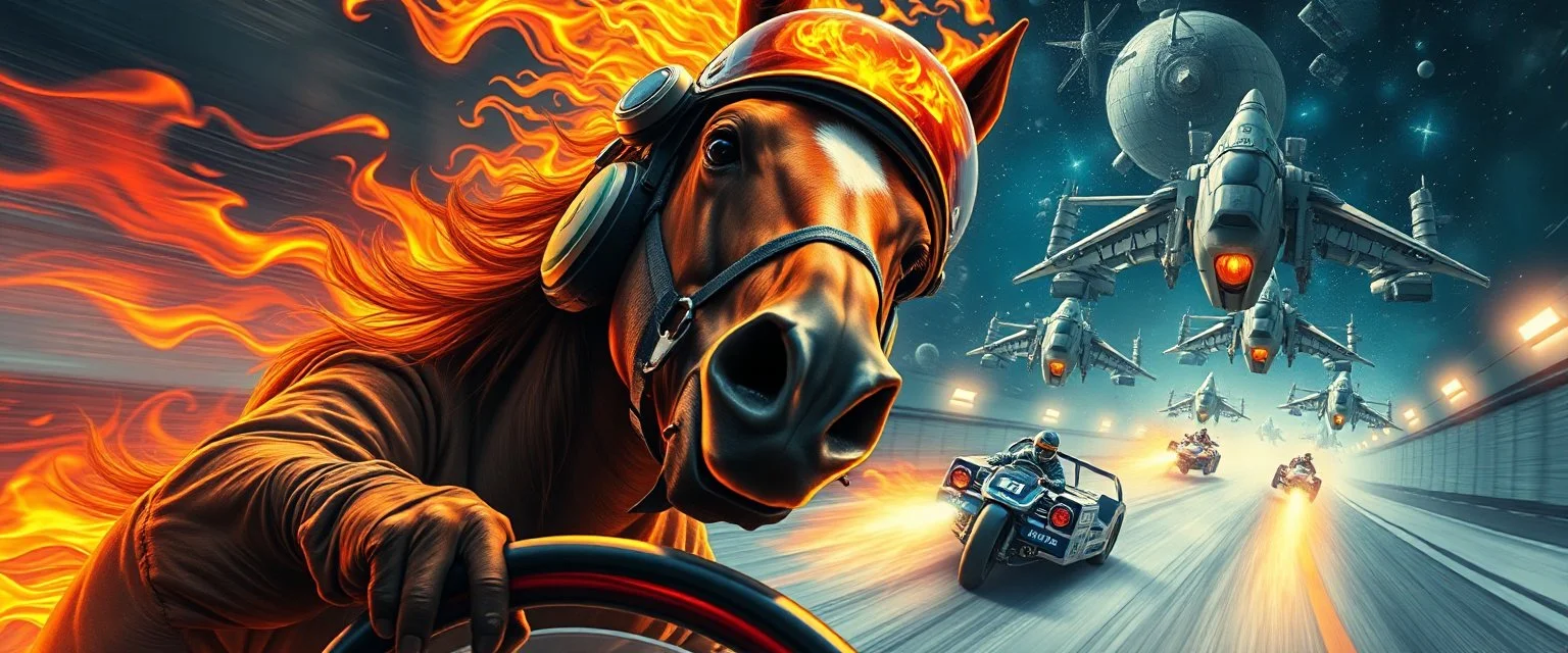clumsy horse with helmet and with ears on fire, b movie poster, etheral astral weird perspective worried yoga vin diesel legend race car racing with huge g force against spaceships going sideways in ramp driver close up portrait of dj magic kobold gremlin farmer pilot looking down on cam, with background in the style of escher and giger, a chill contrapunctus fugue in the style of fsol, beethoven,
