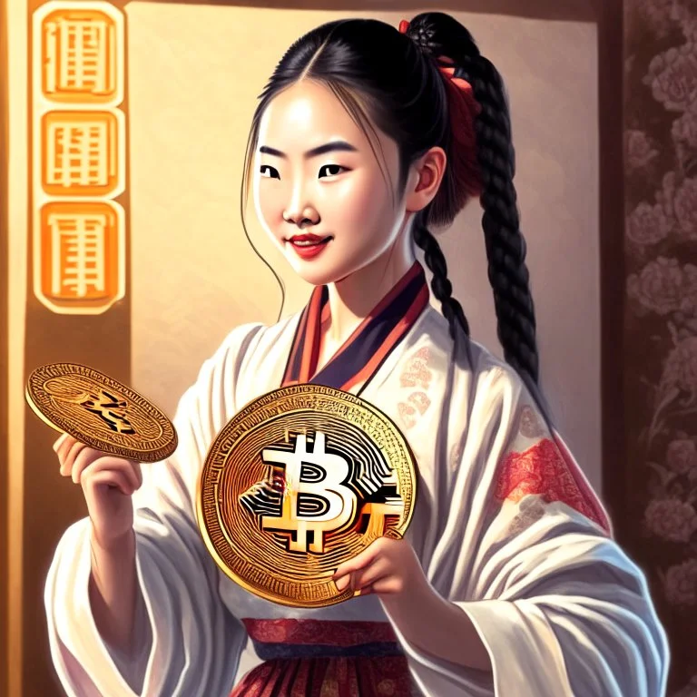 Bitcoin cryptocurrency in the hands of a traditional chinese girl, dragon