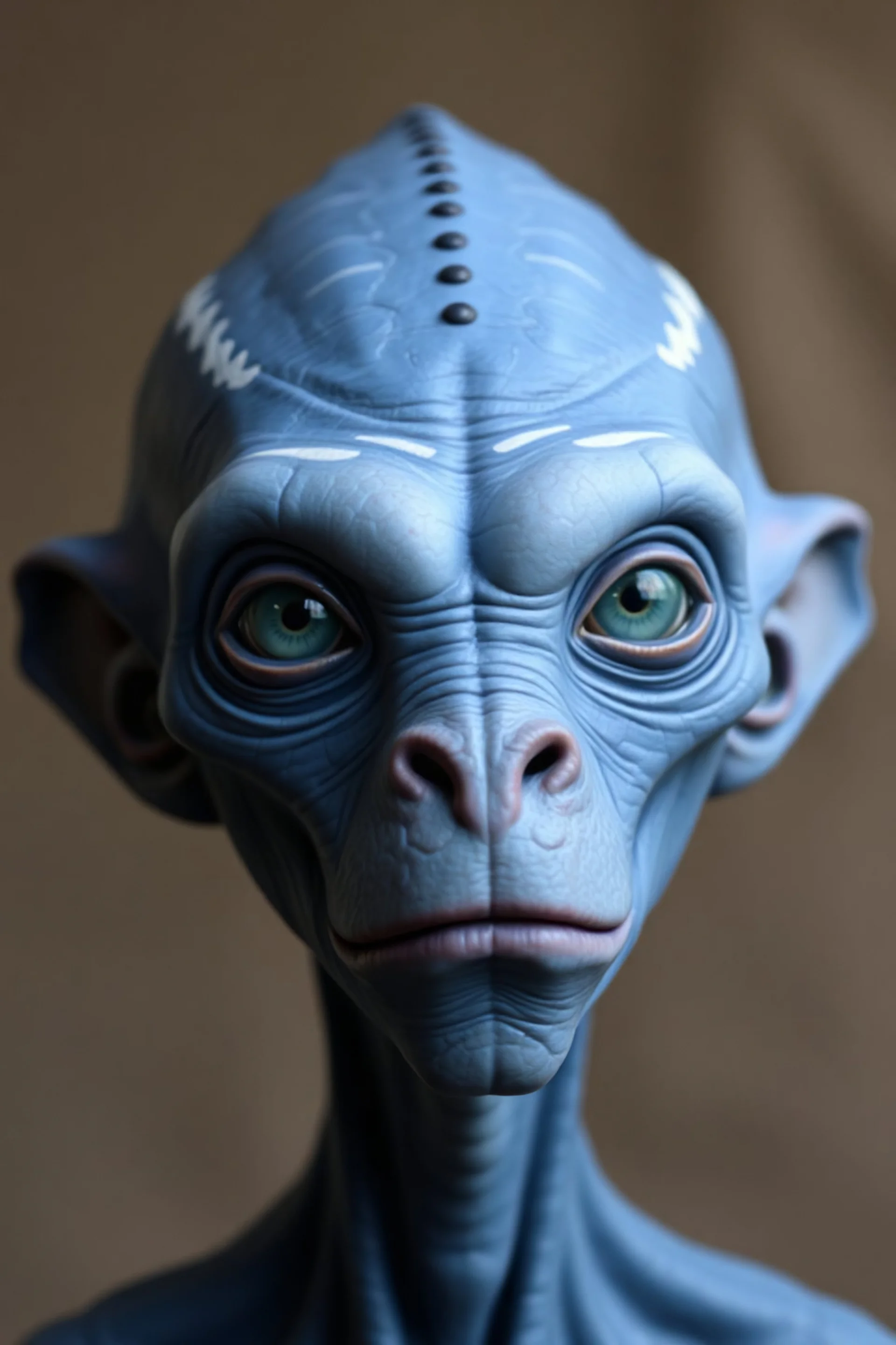 Round faced male alien. His skin is blue and scaly. He has pointed ears. He has white markings around his eyes and on top of his head. He has a very wide jaw and a big mouth. He does not have lips. He has small dark blue dot markings on his head. He has big blue eyes.