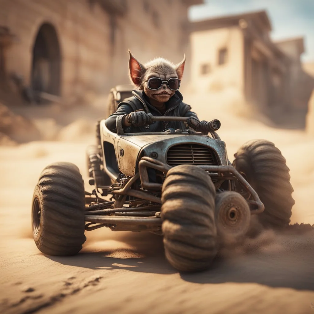 airbrush with pen outline, cool mad max pimp gremlin driving dune buggy against a wall wearing driver gloves, wearing flip down sun glasses, in the style of a fallout 4,bokeh like f/0.8, tilt-shift lens 8k, high detail, smooth render, down-light, unreal engine, prize winning