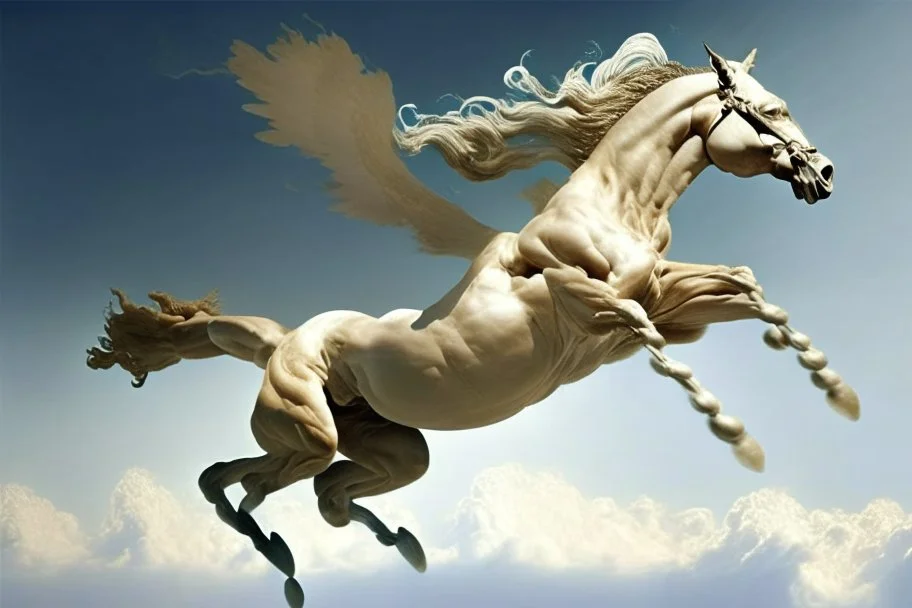 antrophpmorphic half-human, half-horse creature (Centaur) with human head flying after a dynamic jump in the sky