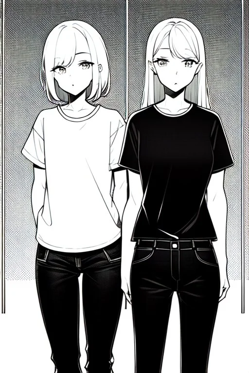 two girls dressed in jeans and a T-shirt walk in the city, line arts, greyscale