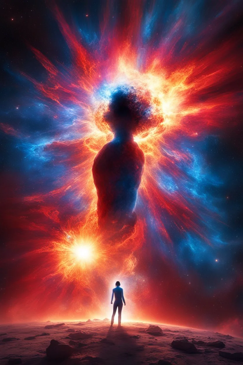 A spectacularly igniting supernova shines brightly amidst the darkness of space, captivatingly watched by an enigmatic man. The explosion of colors and light creates a mesmerizing display in the image, which is most likely a breathtaking digital artwork. The vivid explosion painted in vivid shades of crimson, gold, and electric blue, beautifully contrasts against the woman's shadowed figure, adding a sense of mystery and wonder to the scene. The clarity and detail in this visually stunning com