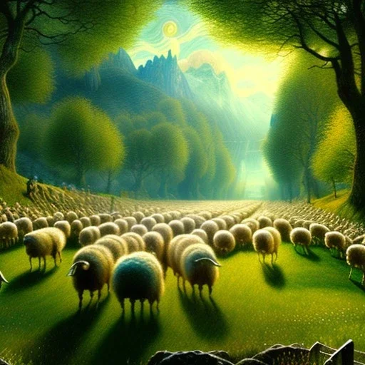 Epic Drawing of scenery with sheep of The LOTR estilo Van Gogh 4k