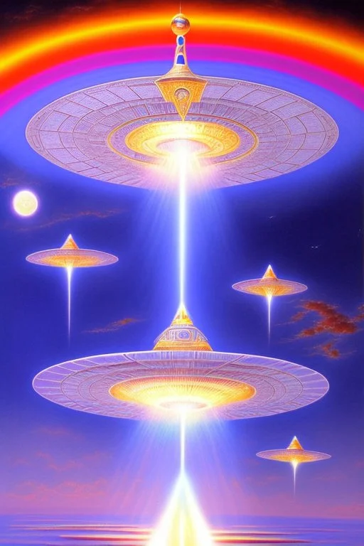 Very beautiful ufo, futurist, intergalactic, mother ship, ashtar command, interdimensionnal, rainbow