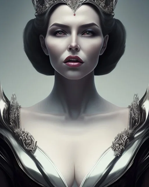 evil queen in black leather gown, busty, cleavage, angry, emperious, 8k resolution concept art portrait by Greg Rutkowski,