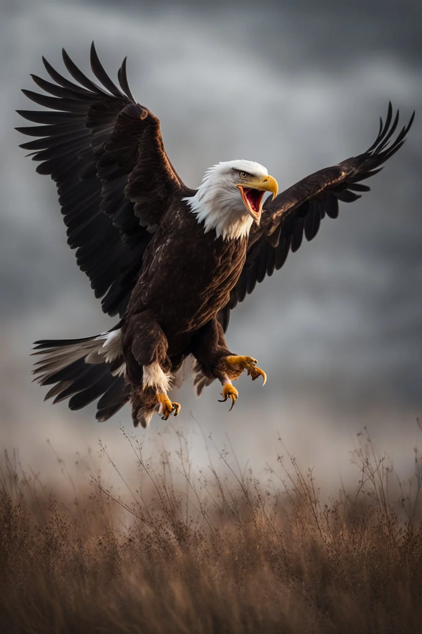 A captivating image of a attacking angry Bald Eagle in its natural habitat., poised on a vast field with a stark contrast between light and dark, conveys a powerful sense of tension. In this expertly captured photograph, the predatory animal stands tall, its muscular frame oozing strength and dominance. The sharpness of every detail accentuates the creature's primal aura, from its razor-sharp teeth and piercing eyes to its sleek, glossy fur. This mesmerizing image.