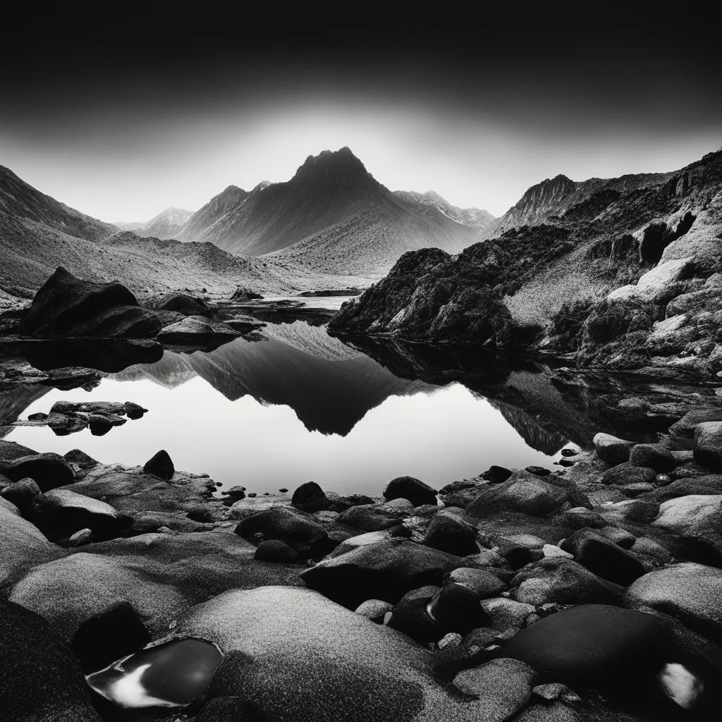 Sublime foto Ilford close-up ad alta definizione di una montagna rocciosa, un lago, surreale, colors, cityscape scifi, collage art, dadaism, sublime, splimapys nero, cielo nero, acqua nera riflette un sole nero, macabre piante circondano il lago, alghe, hypermaximalist, Max Ernst style, strangeness, intricate, hypnotic, obsessive, Yves Tanguy, 8k, deep 3d field, very accentuated details of the rocks and sht frn, eerie, artistic photo, shot on Hasselblad, large format film, medium format film