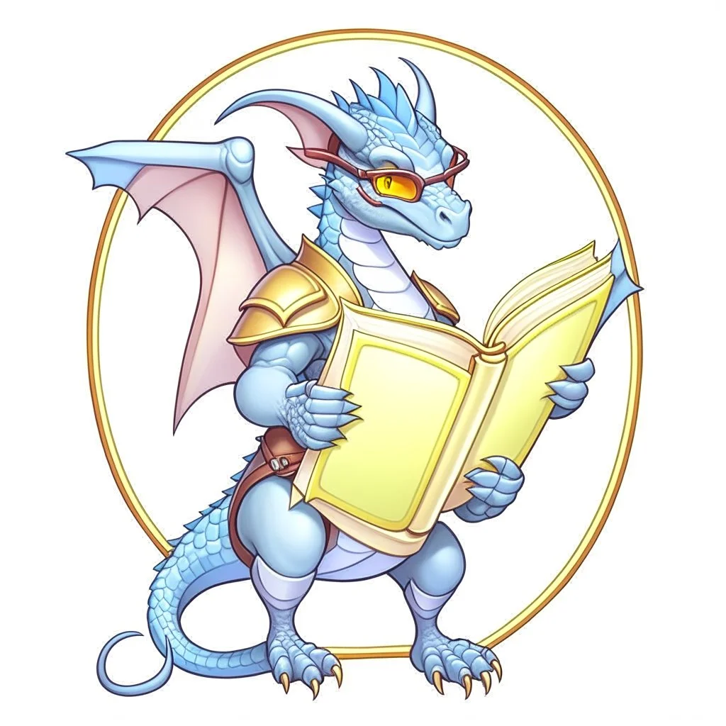 A dragonoid human with grey scales and large glasses along with a long, flexible tail, studying a magical shield in the shape of an octagon