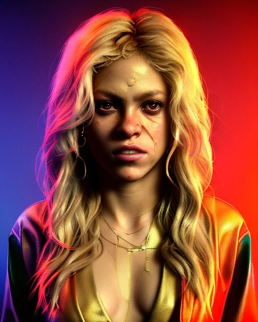 portrait, Shakira, blonde artist, angry, Realistic image, MMA robe, hoodie, mouthguard, nose, band aid, loose long hair, eyes make up, line gold make up, glow, circle iris. Rain, fog, Neon colors, leds. Dark background, photo studio, concept art, smooth, unreal engine 5, god lights, ray tracing, RTX, lumen lighting, ultra detail, volumetric lighting, 3d, finely drawn, high definition, 4k.