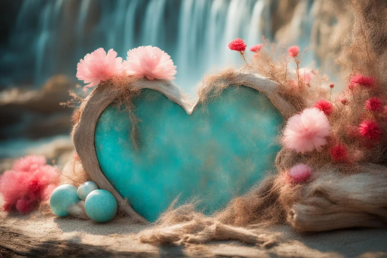 Double exposure, merged layers, turquoise, red and pink made with concrete and driftwood and rare pearl and low voltage filament lit, golden patina, in sunshine, corrosion, heart and love, angora fur, burlap, waterfall, flowers, in sunshine, ethereal, cinematic postprocessing, bokeh, dof