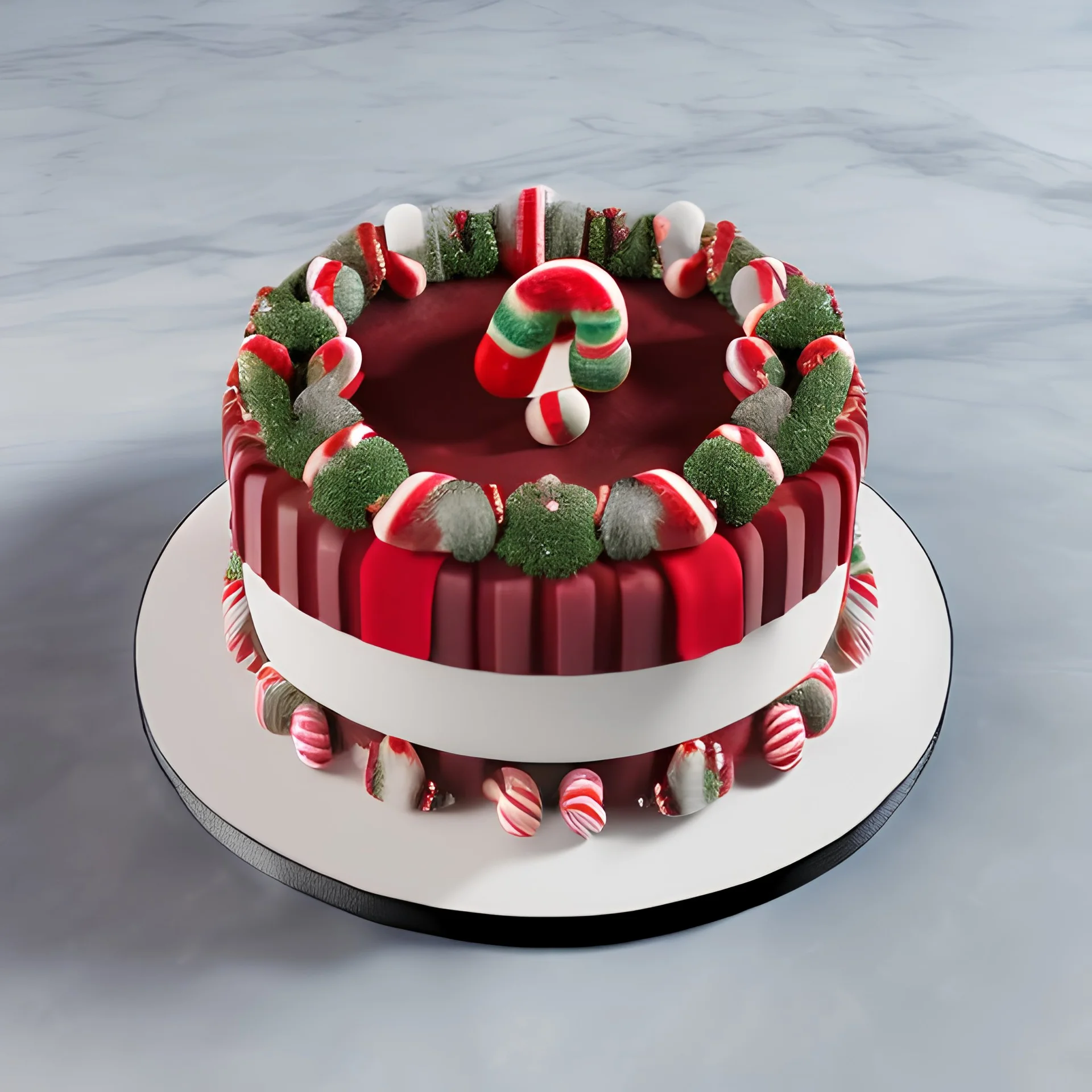 Realistic Christmas themed cake with candy canes saying frappe V4 on it on a marble counter with a sticky note beside it saying lovewolfie2020, MAKE IT CLEAR TO READ