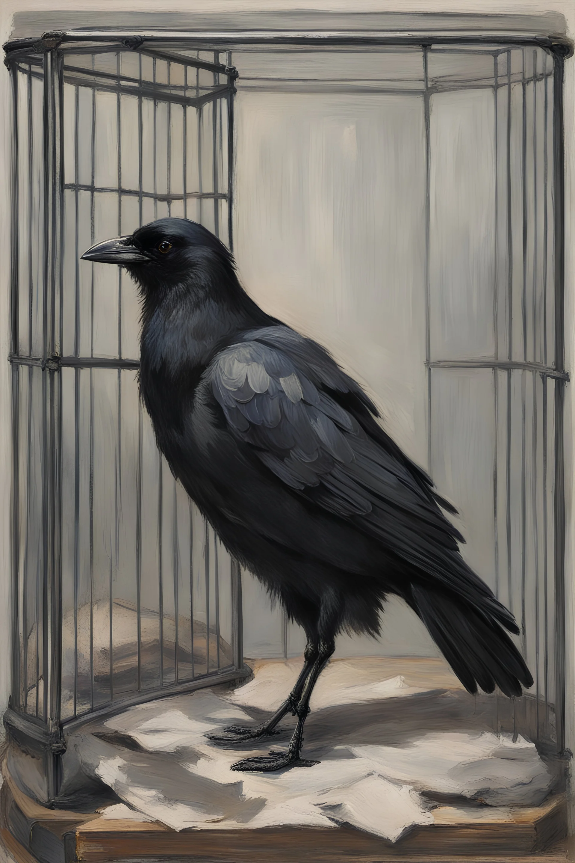 black and grey Norwegian crow with a broken wing, sitting in a cage, by Monet