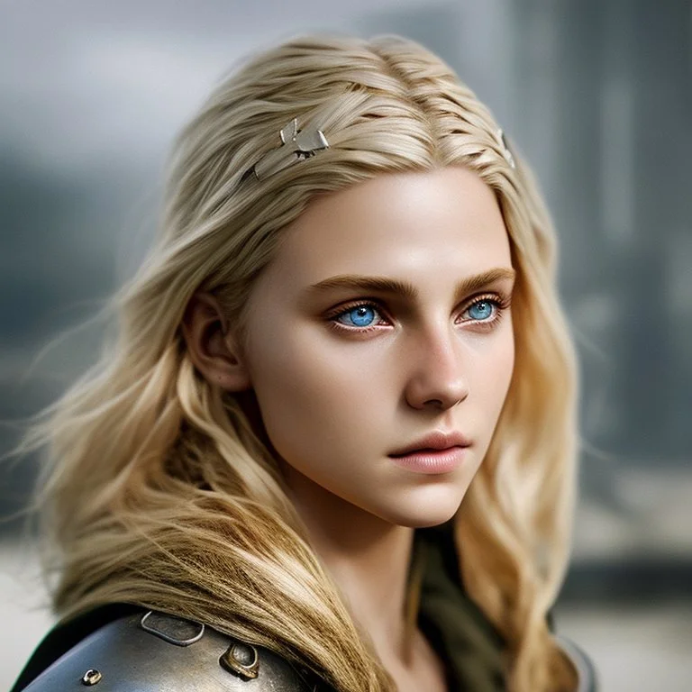 Photorealistic close-up of a beautiful blonde warrior with dystopian clothes and background