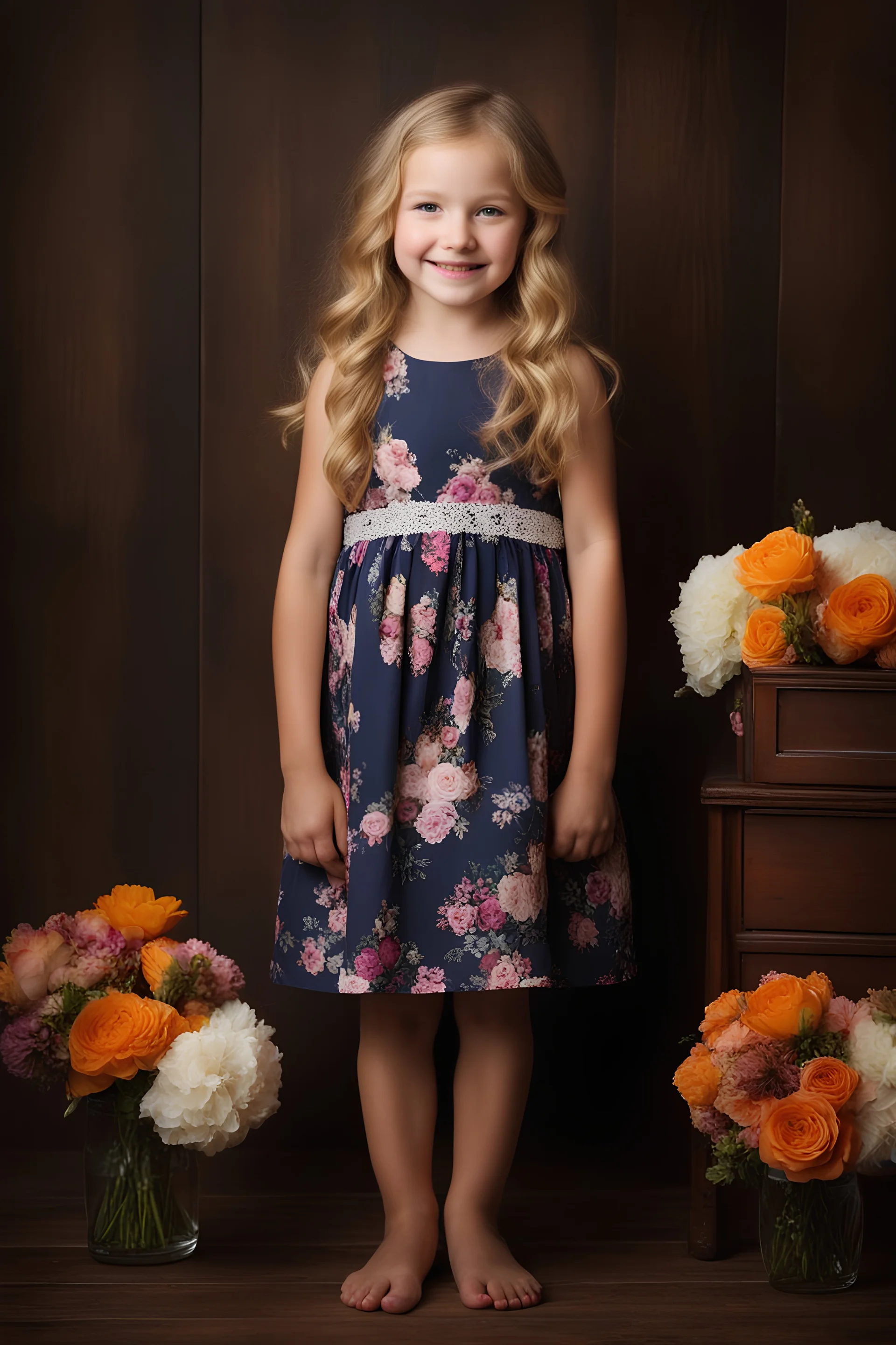 full body portrait - extremely beautiful 8-year-old girl, Long, wavy blonde hair, blue eyes, wearing a flowered dress, posing for her school pictures - smiling, facial makeup, dark, stained wood panel wall in the background with an assortment of floral arrangements, a bed, a dresser, and a window, professional quality studio 8x10 UHD Digital photograph by Scott Kendall - multicolored spotlight, Phot