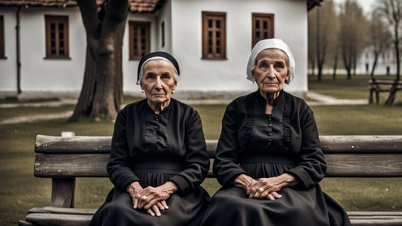 gloomy-looking old women sitting in black villager dress and wearing east european black head scharf on wooden bench in front of white old house outside in an authentic east european village, high detalied, professional photo, high qualit, high textures. The high-resolution image captures the essence of authenticity and realism, transporting the viewer to another time and place.