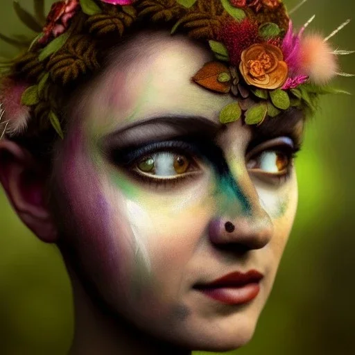 woolitize, frida, metal oxidado, plumas, Dryad, fae, sidhe, siniestro, naturaleza, plantas, flores silvestres, pintura facial, retrato de personaje dnd, intrincado, óleo sobre lienzo, obra maestra, experto, increíblemente detallado, resolución 4k, estilo retroanime, lindo grande ojos reflectantes circulares, detalles cinemáticos suaves e intrincados, iluminación suave y suave, colores rosado suaves, estilo renacentista pintado