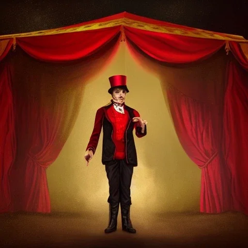 ultra-fine detailed circus ringmaster standing alone inside dark circus tent, garish red coat, desolate, dark circus, night circus, 1800s, chiaroscuro lighting , 8k UHD, matte painting, illustration, renaissance, artwork, high-quality, creepy, rocco, greg rutowski, howard lyon, alphonse mucha