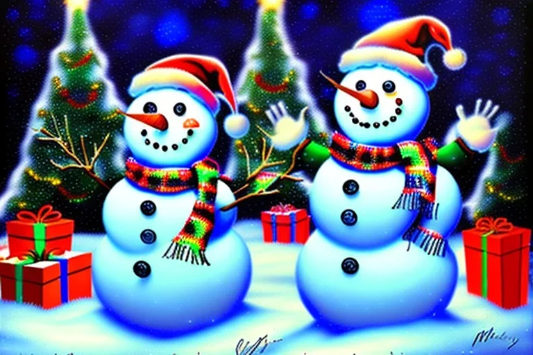 Impressionism, Romanticism, acrylic paint, pastel colors, 1 snowman, christmas tree, christmas lights, wreath, presents,