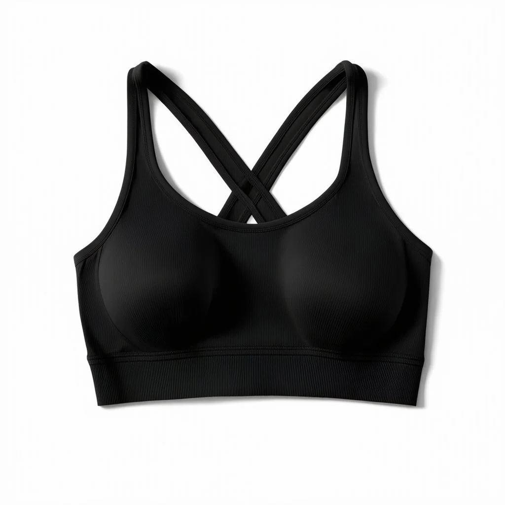 Folded Cross-back sport bra, top view, flat lay, realistic, active wear, black material, round neck, cross-back with four spaghetti straps,